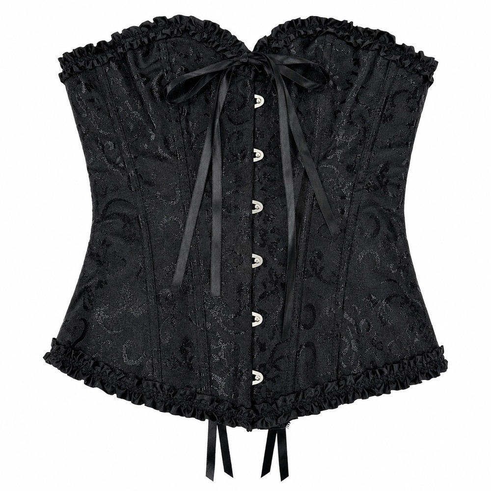 Black Brocade Lace Up Corset Top Ruffle Trim Bustier Victorian Gothic Medium